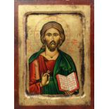 A MODERN PAINTED ICON, on wood panel depicting St Gregory holding an open book, 9 ¼” x 6 ¾” (23.5 cm