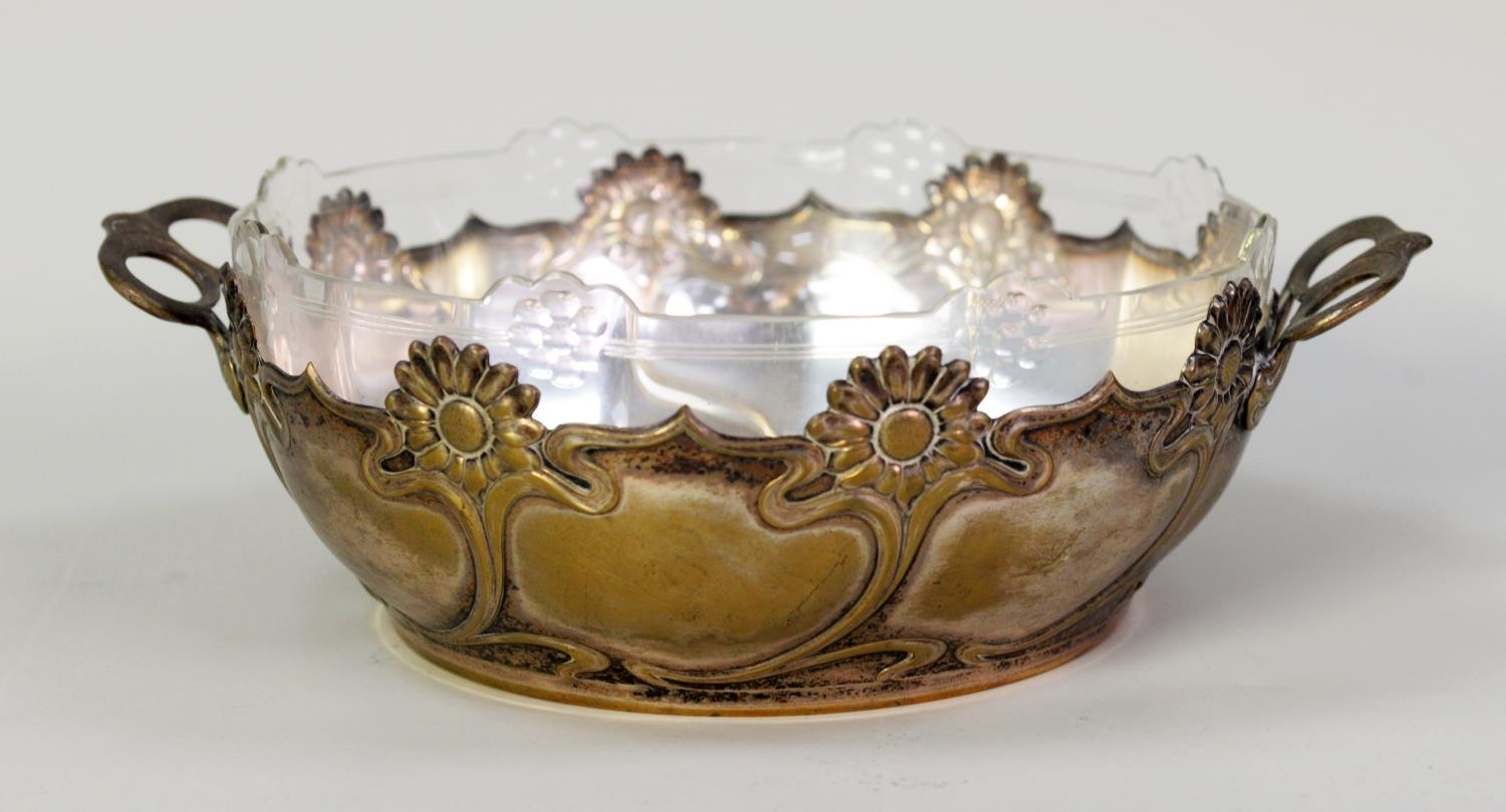 WMF ART NOUVEAU SALAD BOWL, with blow moulded original glass liner, the twin handled base marked