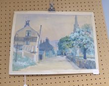 ELIZABETH HESP (TWENTIETH CENTURY) WATERCOLOUR DRAWING Village scene with equestrian figure,