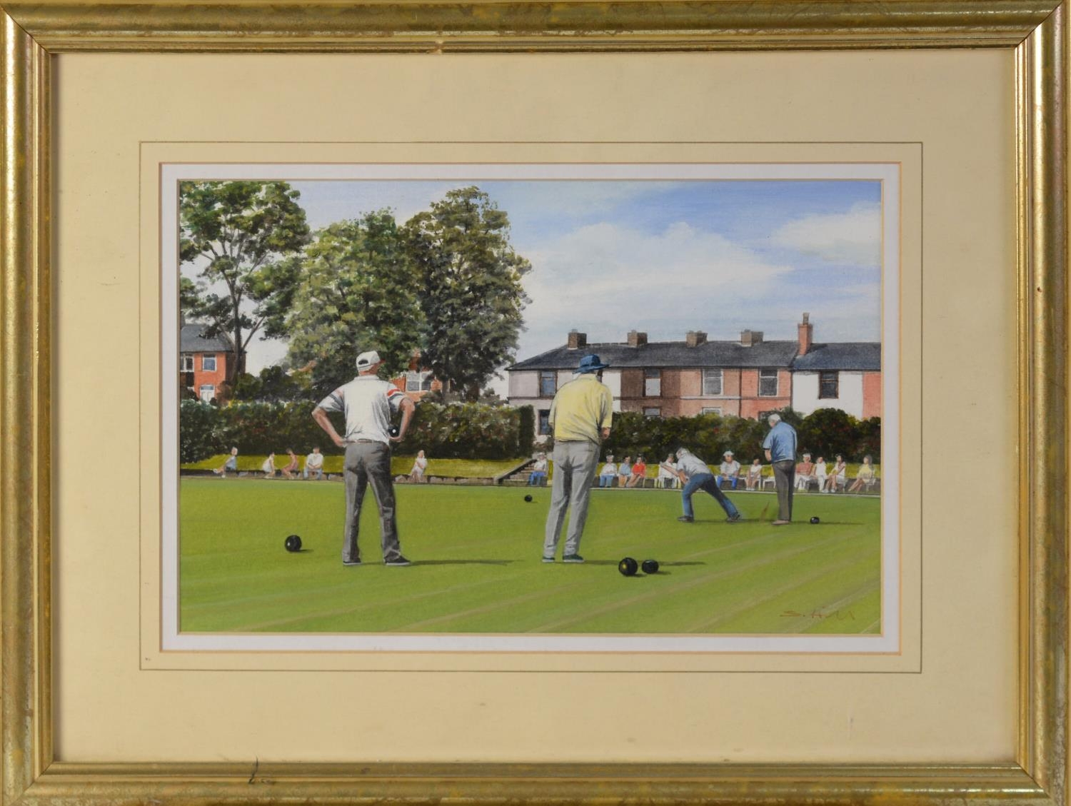 STEPHEN P. HILL (TWENTIETH CENTURY) GOUACHE DRAWING Crown green bowlers Signed 7 ½” x 11 ¼” - Image 3 of 3