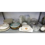 A LARGE QUANTITY OF GLASS AND CHINA, TO INCLUDE; DINNER WARES, TEAPOTS, VASES AND A SELECTION OF