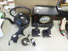 LATE NINETEENTH CENTURY BLACK SLATE CLOCK GARNITURE, also a CAST IRON TEA KETTLE marked SWAIN, and