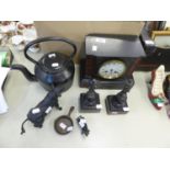 LATE NINETEENTH CENTURY BLACK SLATE CLOCK GARNITURE, also a CAST IRON TEA KETTLE marked SWAIN, and