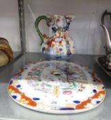 19TH CENTURY MASON’S STYLE OCTAGONAL JUG WITH PAINTED IMARI DECORATION, 7 ½” HIGH (CRACKED); F.