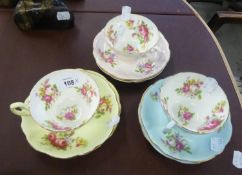 THREE FOLEY CHINA HARLEQUIN TEACUPS AND SIX SAUCERS (9)