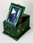 20TH CENTURY JAPANESE LADY'S GREEN PAINTED WOOD TRAVELLING VANITY CASKET, the lid decorated with