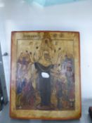 ICON ON WOODEN PANEL, depicting the Virgin Mary, saints, and angels, 11” x 9” (28 cm x 23 cm)