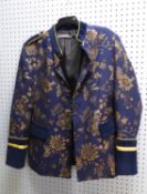 ZARA MAN BLUE FABRIC SMOKING JACKET with all-over 'gold' thread floral embroidered decoration,
