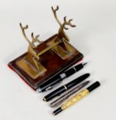 ART DECO PERIOD BRASS AND BAKELITE DESK STAND, together with Parker Duofold fountain pen, silver