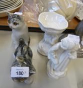 TWO CERAMIC MODELS OF CATS; A WHITE CHINA GROUP OF TWO CHILDREN AND A WHITE CHINA PEDESTAL DISH (4)