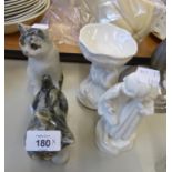 TWO CERAMIC MODELS OF CATS; A WHITE CHINA GROUP OF TWO CHILDREN AND A WHITE CHINA PEDESTAL DISH (4)