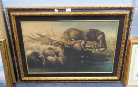 UNATTRIBUTED MODERN COLOUR PRINT ON CANVAS ELEPHANTS AT THE WATER’S EDGE UNSIGNED 18 ½” X 30”