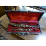 INTER-WAR YEARS UN-NAMED THERMO-PLASTIC AND BRASS OBOE in associated case, incomplete C/R- as found