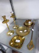 A PAIR OF  BRASS ARTS & CRAFTS STYLE TABLE CANDLESTICKS; A BRASS BOWL ASHTRAY; TWO BRASS SQUARE