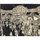 ROGER HAMPSON (1925 - 1996) ARTIST SIGNED LIMITED EDITION LINOCUT ON YELLOW CARD Boxing Booth, crowd