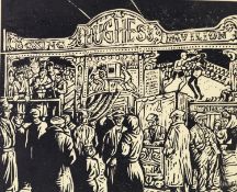 ROGER HAMPSON (1925 - 1996) ARTIST SIGNED LIMITED EDITION LINOCUT ON YELLOW CARD Boxing Booth, crowd