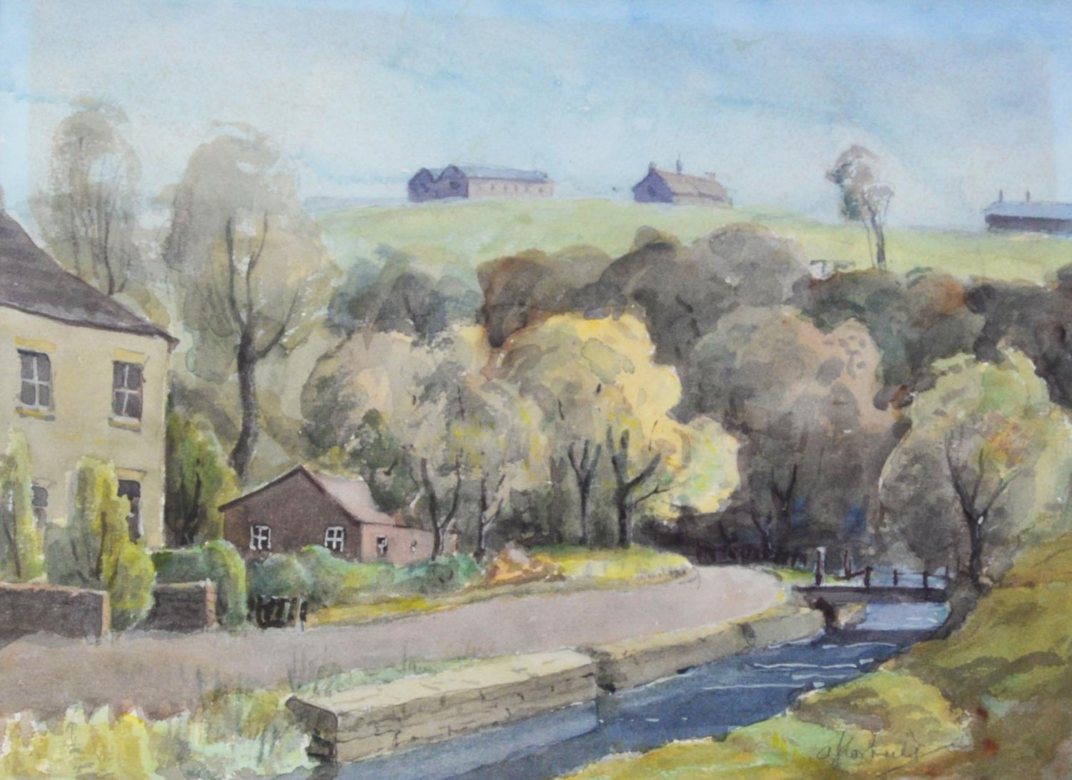 A. J. CORFIELD (TWENTIETH CENTURY) SIX WATERCOLOUR DRAWINGS Northern Industrial canalscape and rural - Image 6 of 9