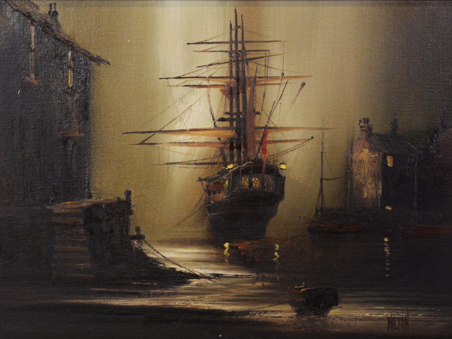BARRY HILTON (b.1941) PAIR OF OILS ON CANVAS Moored galleons at sunset Signed 11 ¾” x 15 ½” (29. - Image 4 of 4