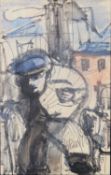 JOHN THOMPSON (1924-2011) MIXED MEDIA ‘Man with Stick’ Signed, titled to gallery label verso 9 ½”