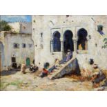 FREDERICK WILLIAM JACKSON (1859 - 1918) OIL PAINTING ON BOARD Street scene with figures, Tangiers