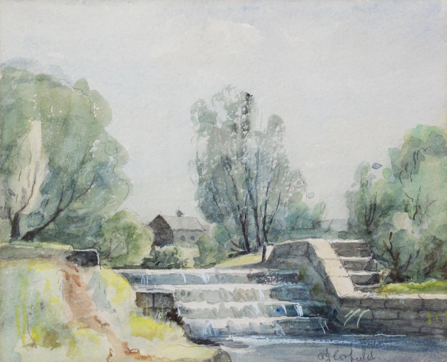 A. J. CORFIELD (TWENTIETH CENTURY) SIX WATERCOLOUR DRAWINGS Northern Industrial canalscape and rural - Image 4 of 9