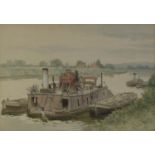 EDWARD RIDLEY (1883 - 1946) WATERCOLOUR DRAWING Canal scene with dredger and lighters on the River