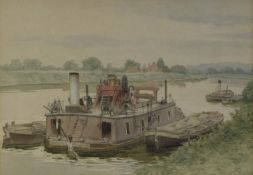 EDWARD RIDLEY (1883 - 1946) WATERCOLOUR DRAWING Canal scene with dredger and lighters on the River