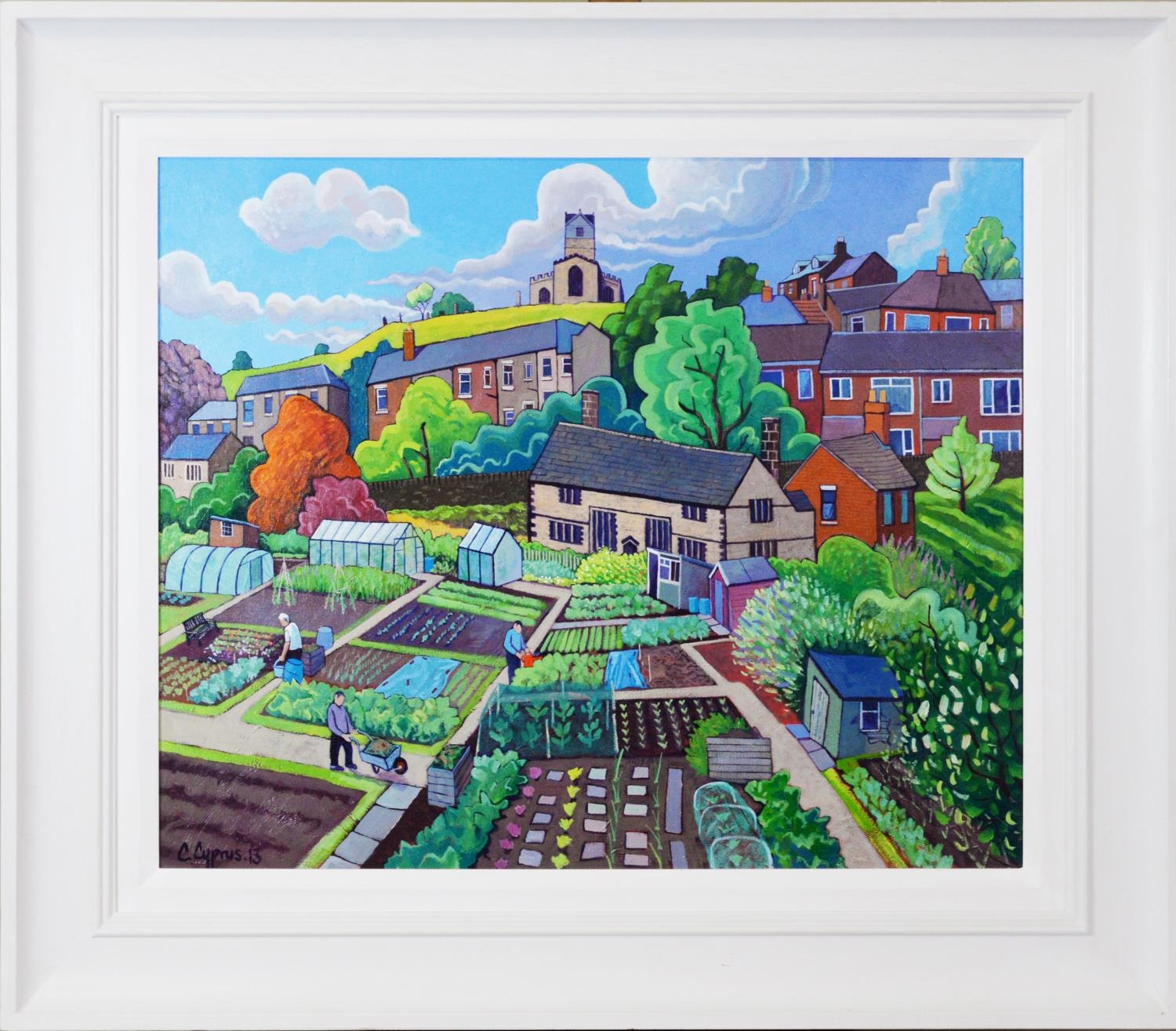 CHRIS CYPRUS OIL PAINTING ON CANVAS Figures working in allotments with St Leonard's Church on hill - Image 2 of 2