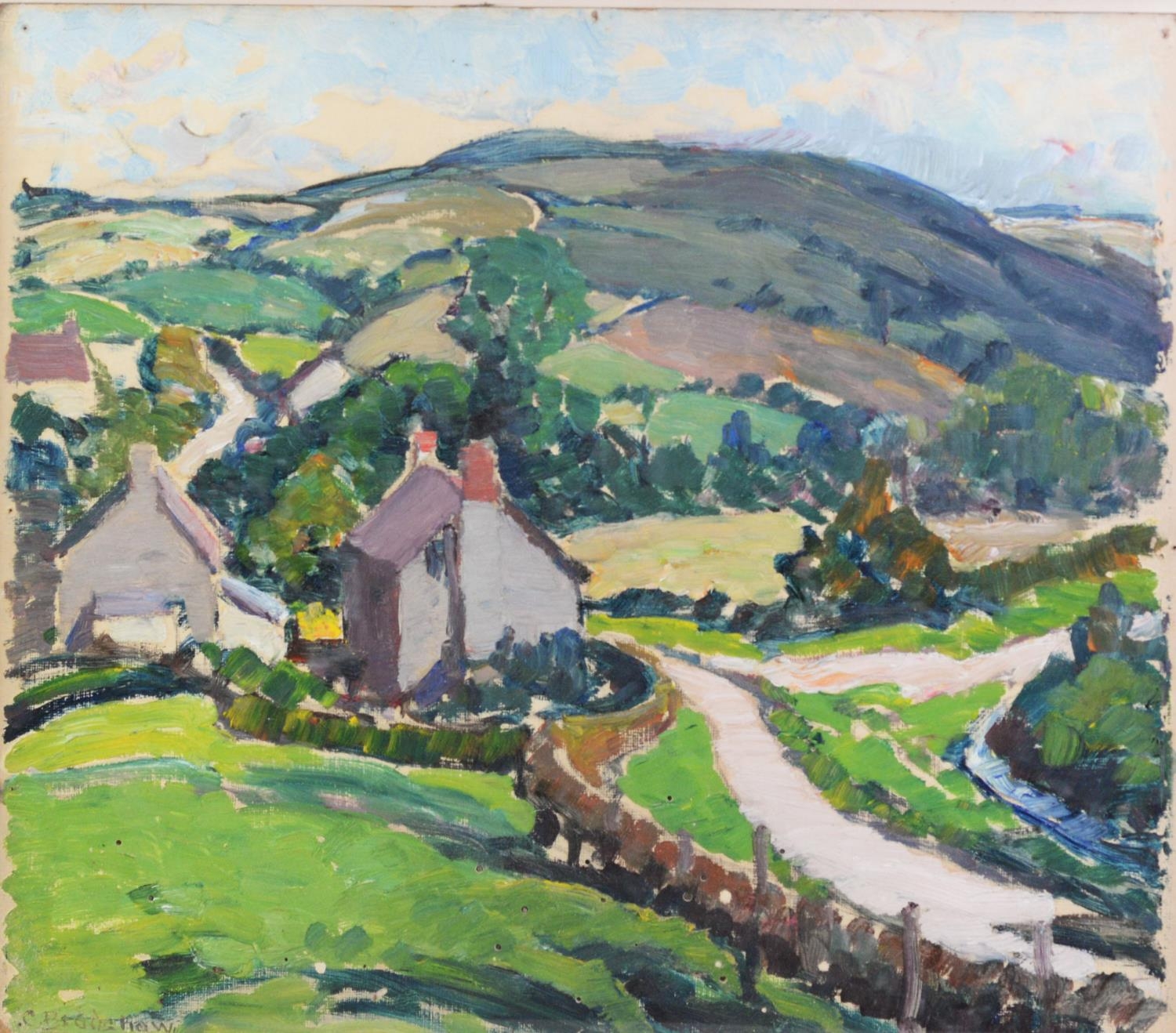 CONSTANCE BRADSHAW (1872-1961) OIL ON BOARD Rural landscape with houses in the foreground Signed 14”