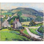 CONSTANCE BRADSHAW (1872-1961) OIL ON BOARD Rural landscape with houses in the foreground Signed 14”