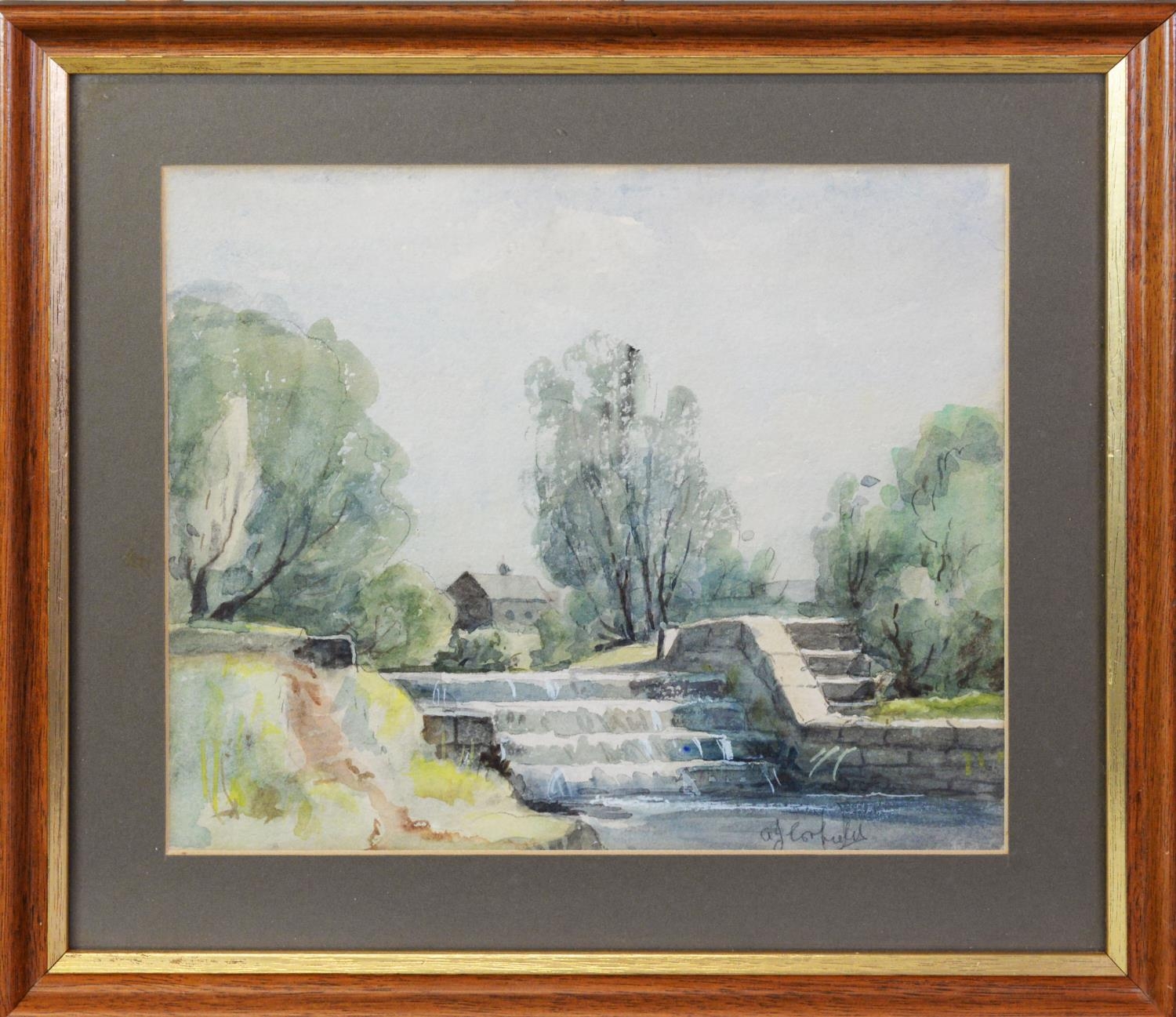 A. J. CORFIELD (TWENTIETH CENTURY) SIX WATERCOLOUR DRAWINGS Northern Industrial canalscape and rural - Image 3 of 9