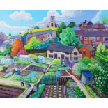 CHRIS CYPRUS OIL PAINTING ON CANVAS Figures working in allotments with St Leonard's Church on hill