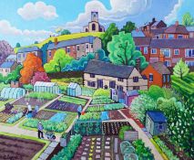 CHRIS CYPRUS OIL PAINTING ON CANVAS Figures working in allotments with St Leonard's Church on hill