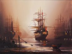 BARRY HILTON (b.1941) OIL ON CANVAS Moored galleons at dusk Signed 11 ¾” x 15 ½” (29.9cm x 39.3cm)