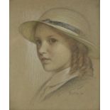 EDWARD RIDLEY (1883 - 1946) PASTEL DRAWING Portrait of a schoolgirl wearing a straw hat Signed and