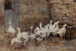 FREDERICK WILLIAM JACKSON (1859 - 1918) WATERCOLOUR DRAWING 'A Corner of the Farm, Geese' Signed