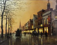STEVEN SCHOLES (b.1952) OIL ON CANVAS Bygone street scene at dusk, with figures and hansom cabs