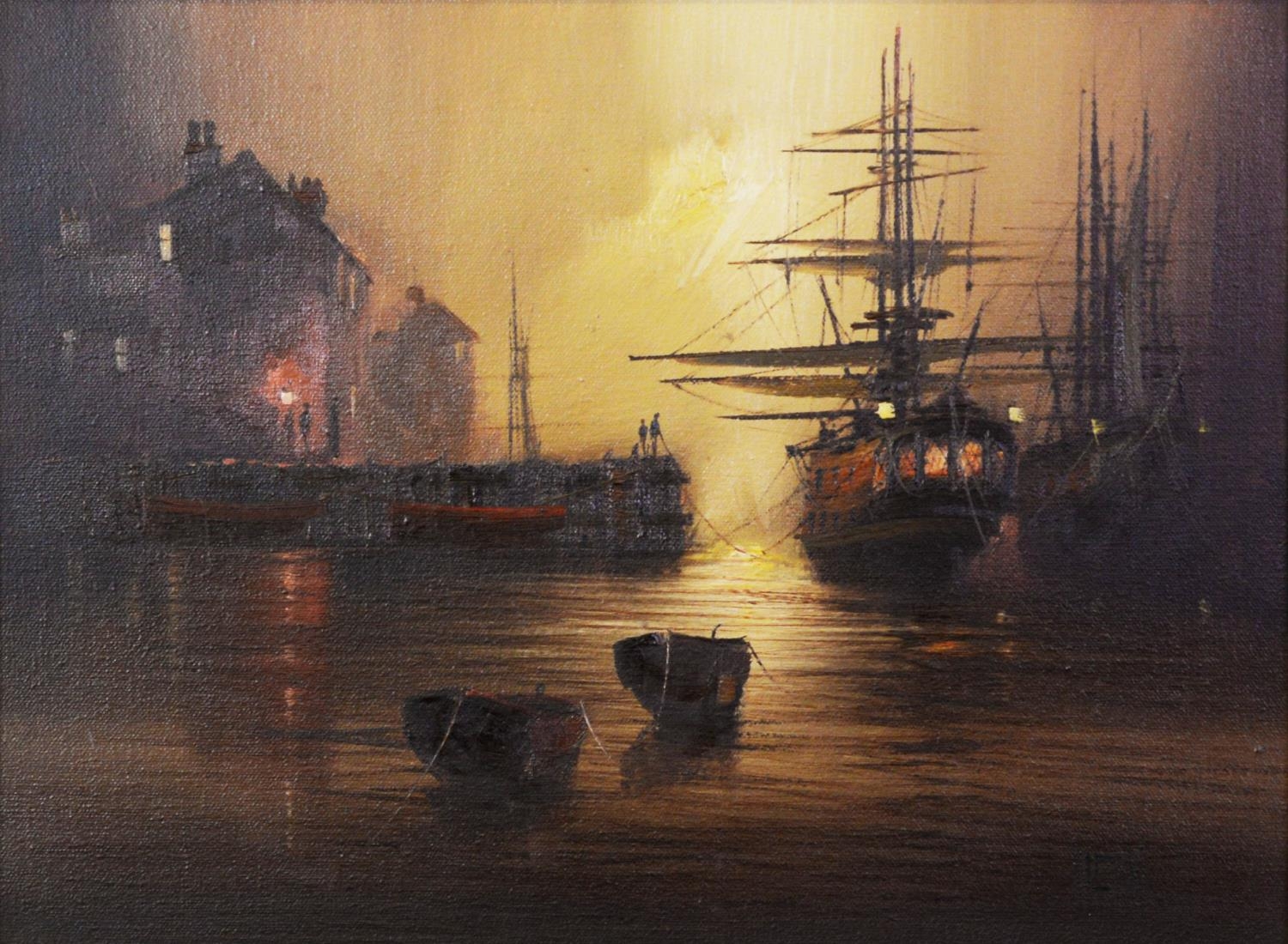 BARRY HILTON (b.1941) PAIR OF OILS ON CANVAS Moored galleons at sunset Signed 11 ¾” x 15 ½” (29.