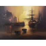 BARRY HILTON (b.1941) PAIR OF OILS ON CANVAS Moored galleons at sunset Signed 11 ¾” x 15 ½” (29.