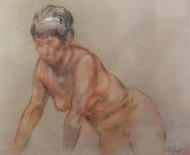 HAROLD RILEY (b.1934) PASTEL ON COLOURED PAPER Seated female nude leaning forward Signed and