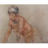 HAROLD RILEY (b.1934) PASTEL ON COLOURED PAPER Seated female nude leaning forward Signed and