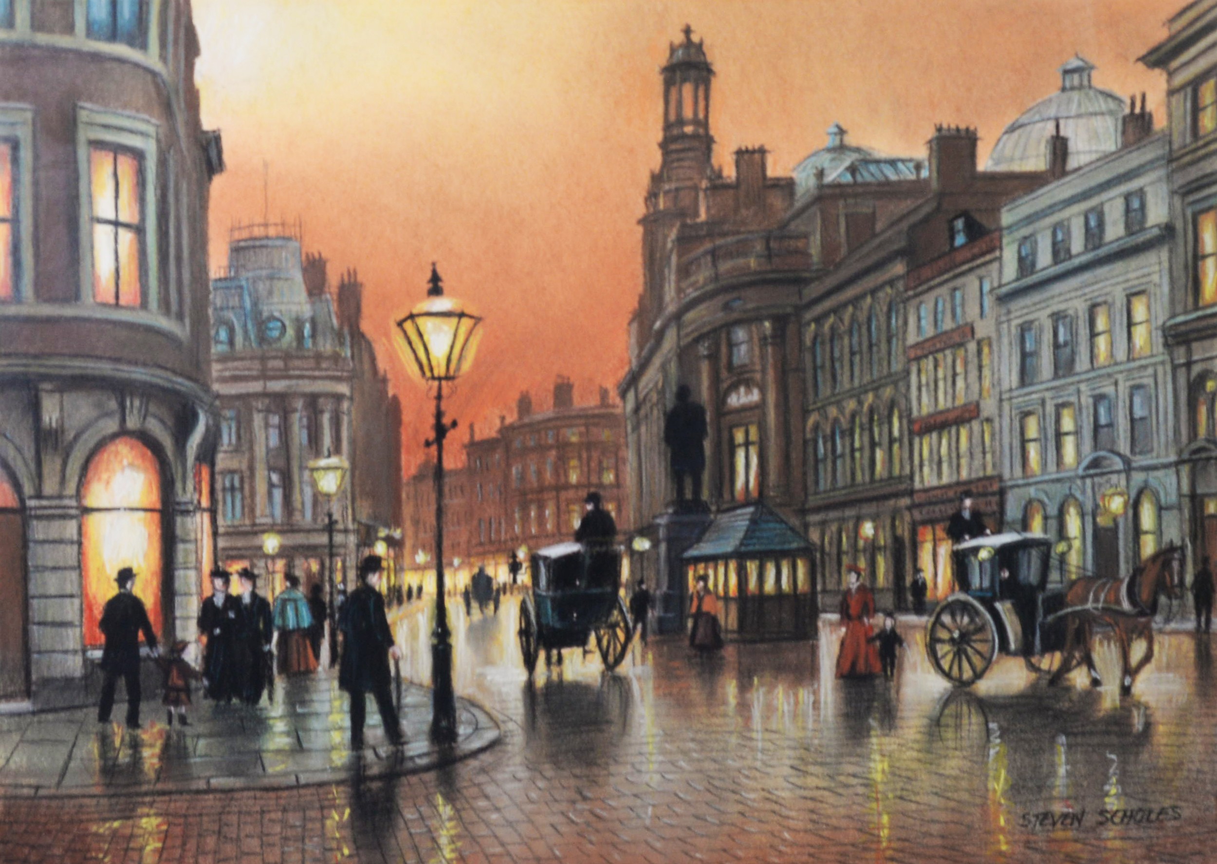 STEVEN SCHOLES PASTEL DRAWING Cross Street & the Royal Exchange Building, Manchester with hansom