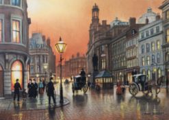 STEVEN SCHOLES PASTEL DRAWING Cross Street & the Royal Exchange Building, Manchester with hansom