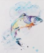 AMANDA GORDON (MODERN) WATERCOLOUR ‘Leaping Salmon’ Signed, titled to gallery label verso 14” x
