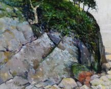 ALBERT B OGDEN (b. 1928) OIL PAINTING ON CANVAS 'Rock Shore' Signed with initials lower left 9 1/4in