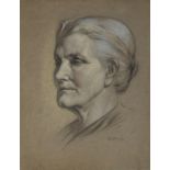 EDWARD RIDLEY (1883 - 1946) PENCIL DRAWING HEIGHTENED IN WHITE ON GREY BOARD Elderly woman, facing