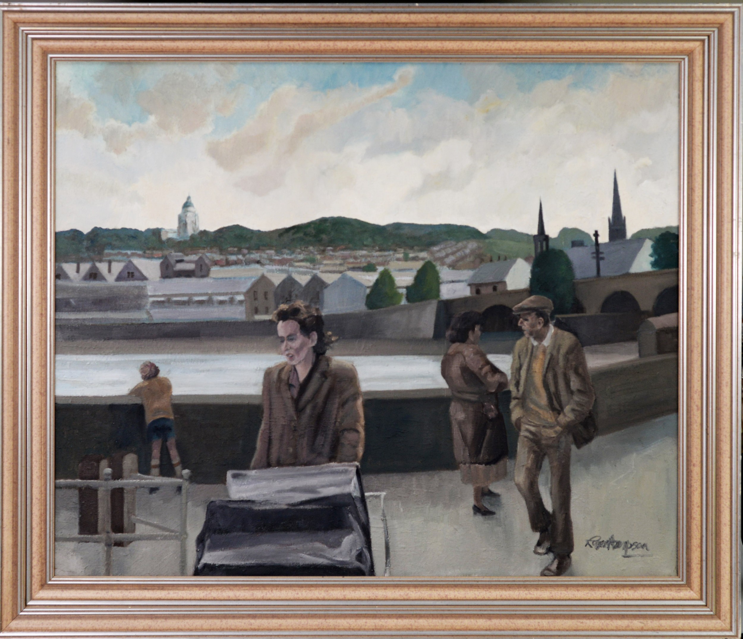 ROGER HAMPSON (1925 - 1996) OIL PAINTING ON CANVAS Lancaster viewed over the river Lune with figures - Image 2 of 2