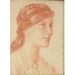 EDWARD RIDLEY (1883 - 1946) RED CHALK DRAWING Portrait of a young woman facing to dexter and wearing