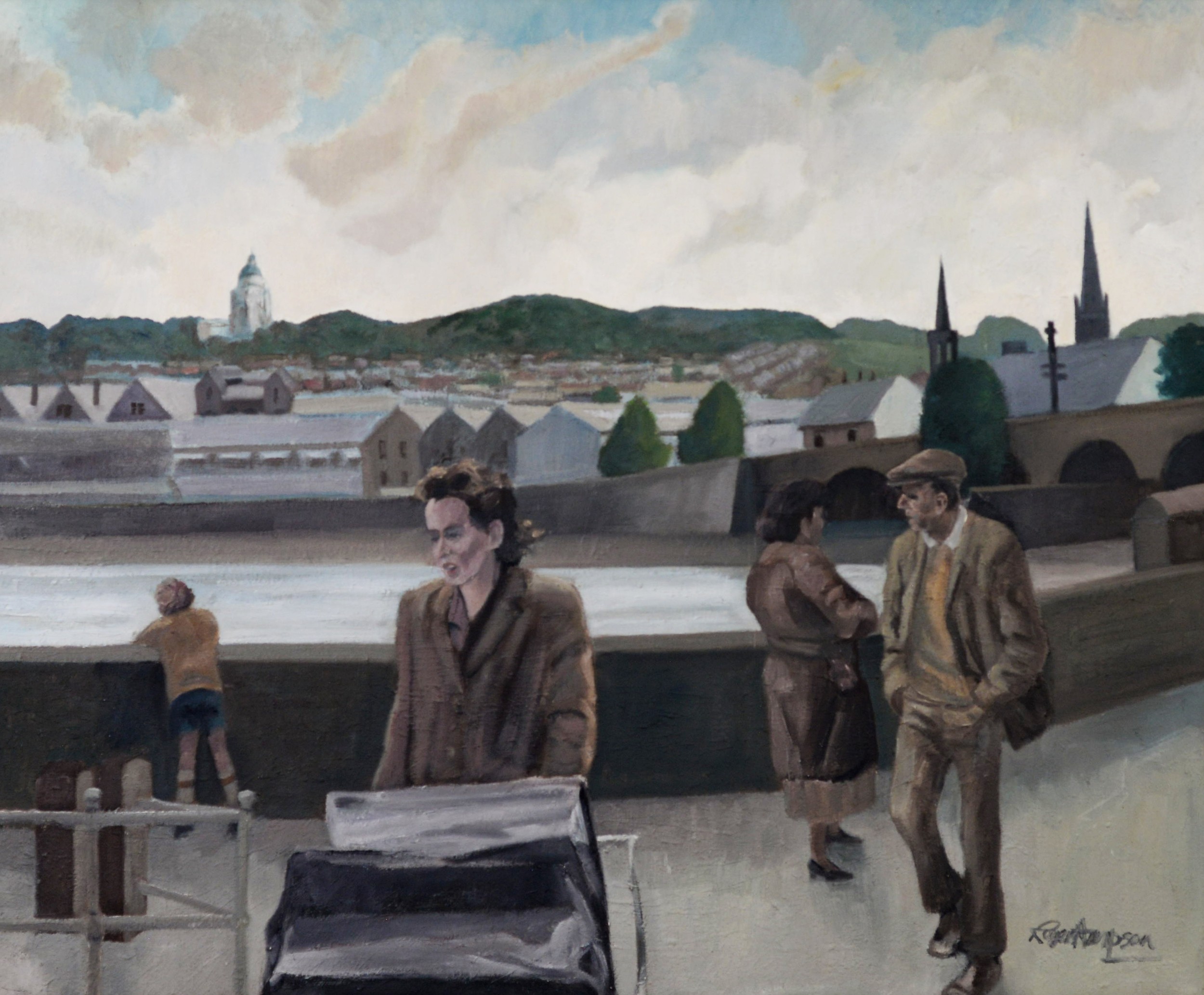 ROGER HAMPSON (1925 - 1996) OIL PAINTING ON CANVAS Lancaster viewed over the river Lune with figures