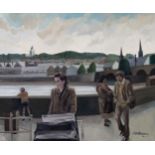 ROGER HAMPSON (1925 - 1996) OIL PAINTING ON CANVAS Lancaster viewed over the river Lune with figures